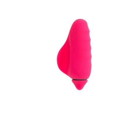 Pink silicone rechargeable finger vibrator with ergonomic ridged design and finger grip.