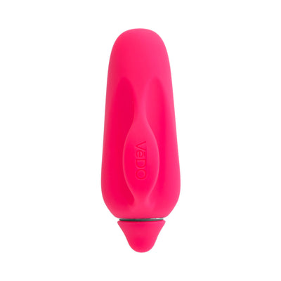 Pink rechargeable finger vibrator with smooth silicone finish and ergonomic grip slots.