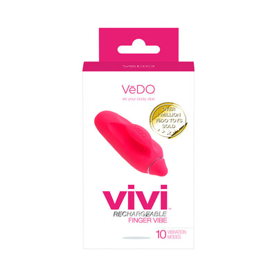 Packaging of Vivi Rechargeable Finger Vibe in pink silicone with 10 vibration modes and USB rechargeable feature.