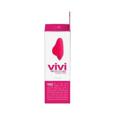 Packaging box of Vivi Rechargeable Finger Vibe in pink with product image and description on white background.