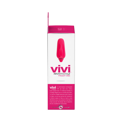 Packaging box of Vivi Rechargeable Finger Vibe in pink with product image and description on white background.