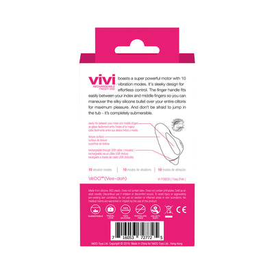 Back packaging of Vivi Rechargeable Finger Vibe in pink and white with product features and usage instructions.