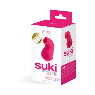 Packaging box of Suki Rechargeable Sonic Vibe in pink with product image and features highlighted.