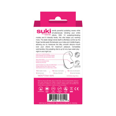 Back packaging of Suki Rechargeable Sonic Vibe in pink and white with product features and usage instructions.