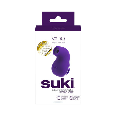 Packaging of the Suki Rechargeable Sonic Vibe in purple with 10 vibration modes and 6 intensity levels displayed.