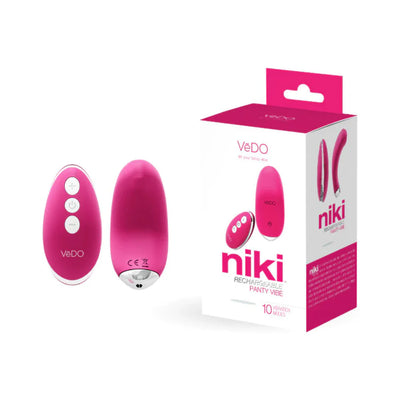 VeDO Niki rechargeable pink panty vibe with remote control and packaging box on white background.