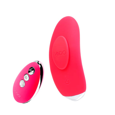 VeDO Niki rechargeable pink silicone panty vibe with matching remote control on white background
