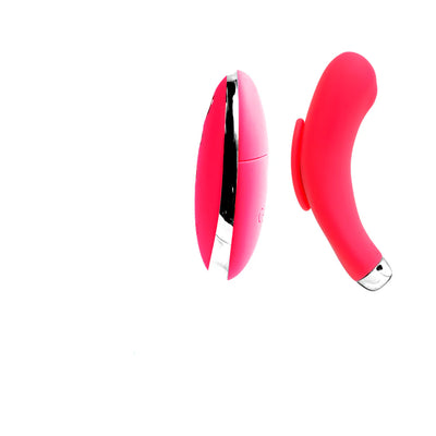 Pink VeDO Niki rechargeable panty vibe with sleek curved design and silver accents shown from two angles on white background.