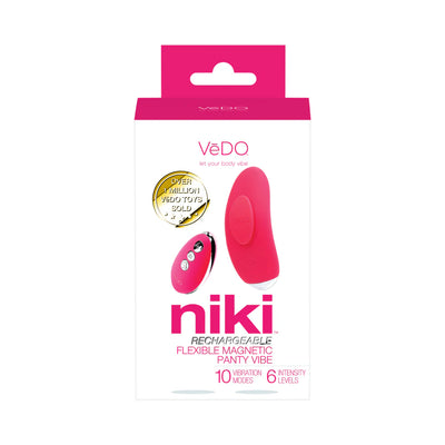 VeDO Niki rechargeable flexible pink panty vibe with remote control in white and pink packaging.