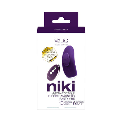 VeDO Niki rechargeable flexible purple panty vibe with remote control in white and purple packaging box.