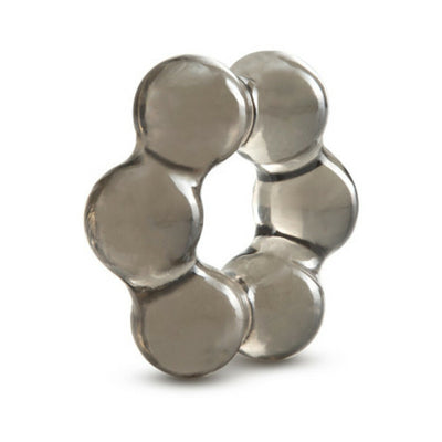 Black translucent thick bead cock ring with a stretchy, segmented design for enhanced comfort and fit.