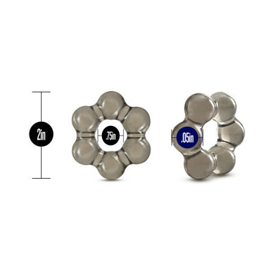 Black translucent thick bead cock ring shown from front and side with size measurements on white background.