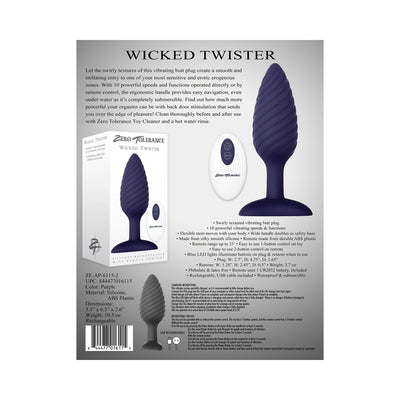 Purple swirled silicone vibrating butt plug with ergonomic handle and white remote control, shown with packaging and product details.