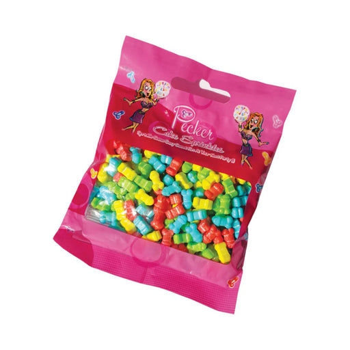 Colorful novelty sprinkles in a pink bag labeled Pecker Cake Sprinkles for playful party decoration.