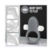 Slate gray silicone vibrating ring with textured ridges and removable bullet, shown with usage illustrations.