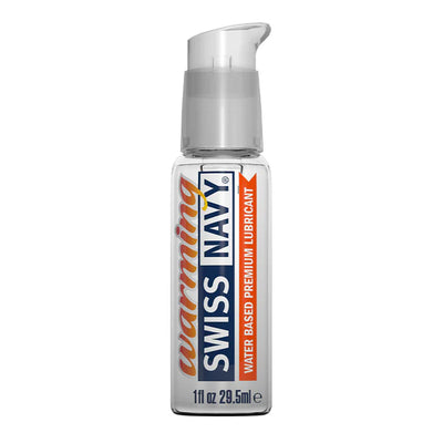 Clear 1 fl oz bottle of Swiss Navy Warming water-based premium lubricant with pump dispenser and bold label design.