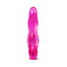 Pink translucent flexible vibrator with a curved tip and twist dial control on a white background.