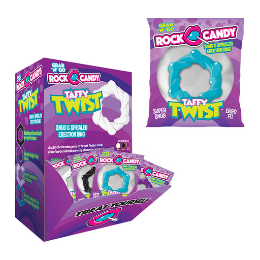 Display box and individual packaging of Taffy Twist snug spiraled C-rings in assorted colors for enhanced performance and comfort.