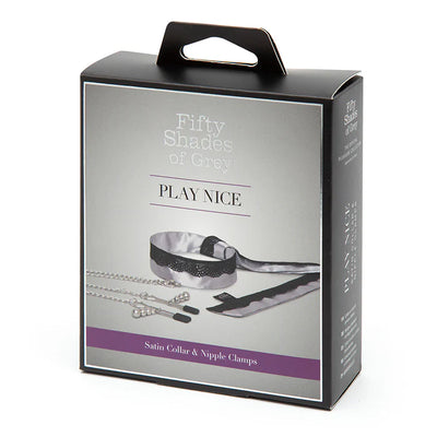 Fifty Shades of Grey Play Nice satin collar with lace trim and adjustable nipple clamps in elegant packaging box.