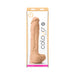 Packaging of Colours Pleasures 10-inch silicone dildo in natural skin tone with realistic texture and suction base.