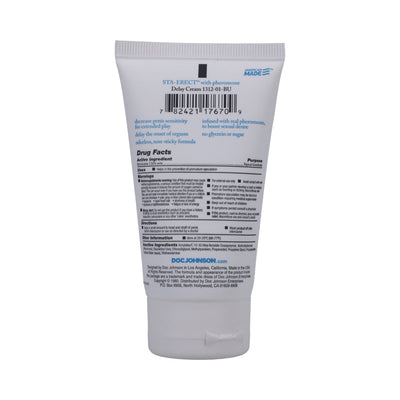 Back view of Sta-Erect Delay Creme 1oz tube showing product information and usage instructions