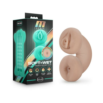 Blush M for Men Soft and Wet Double Trouble Glow in the Dark ivory dual-ended stroker with packaging showing product features.