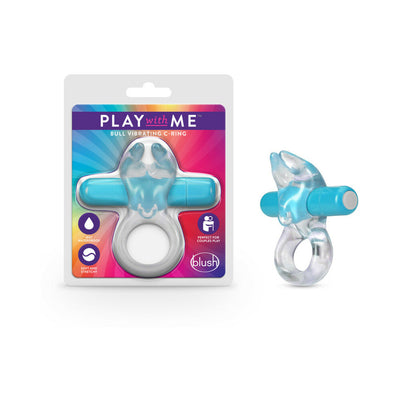 Blush Play With Me Bull Vibrating C-Ring in blue with soft stretchy material shown in packaging and standalone.