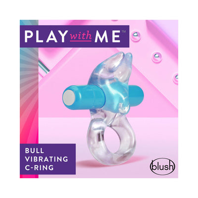 Transparent vibrating C-ring with blue bullet and soft rabbit ears on a pink background with Play With Me branding.