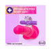 Clear vibrating C-ring with purple bullet and soft ears displayed on pink model, phthalate-free and body safe design.