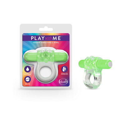 Blush Play with Me Teaser Vibrating C-Ring in green with textured surface and packaging on white background