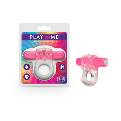 Blush Play with Me Teaser Vibrating C-Ring in clear and pink, shown in packaging and separately.