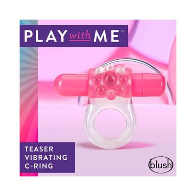 Clear vibrating C-ring with textured front and pink bullet vibrator on a pink background with Play With Me branding.
