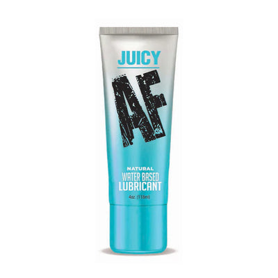 Tube of Juicy AF natural water-based lubricant in blue and silver packaging, 4 oz size.