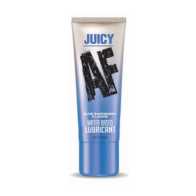 Tube of Juicy AF Blue Raspberry flavored water-based lubricant with blue and silver packaging.