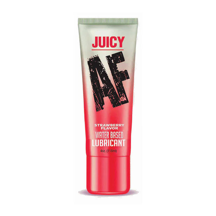 Tube of Juicy AF strawberry flavored water-based lubricant in red and white packaging, 4 oz size.