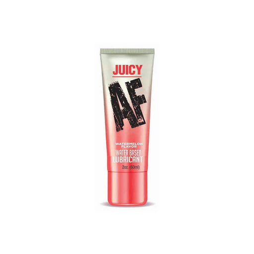 Tube of Juicy AF watermelon-flavored water-based lubricant in 2 oz size with red and white packaging.