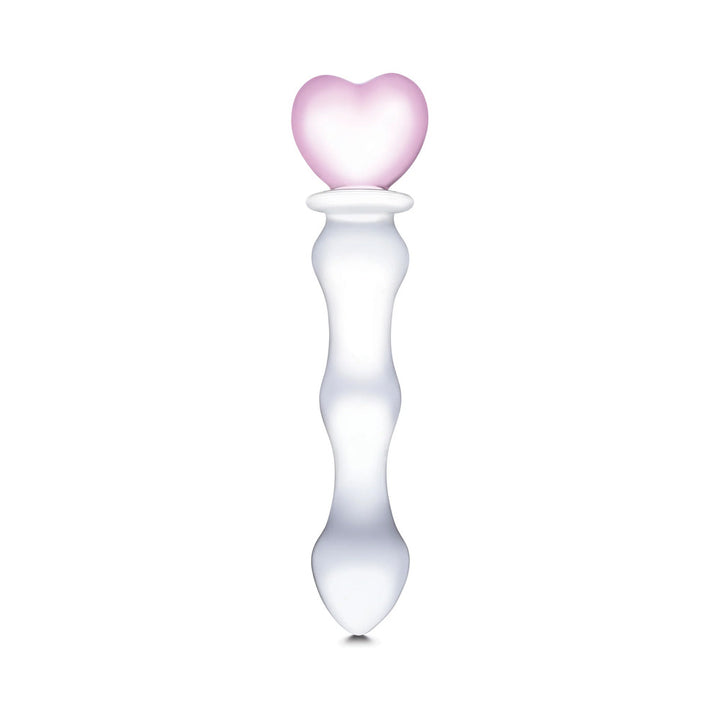 Elegant 8-inch clear glass dildo with a curved shaft and a pink heart-shaped handle for comfortable grip and sensation play.