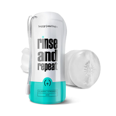 Happy Ending Rinse and Repeat Classic Stroker in Ass style with white and teal case and textured sleeve shown separately.