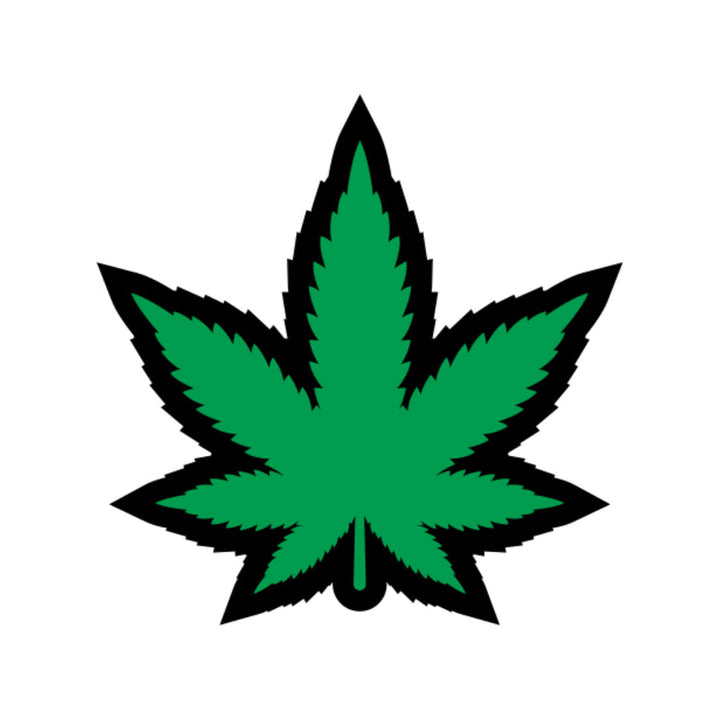 Green enamel lapel pin shaped like a marijuana leaf with black outline on white background.