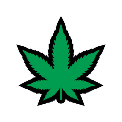 Green enamel lapel pin shaped like a marijuana leaf with black outline on white background.