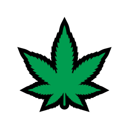 Green enamel lapel pin shaped like a marijuana leaf with black outline on white background.
