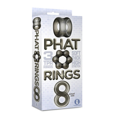 Packaging of The 9's Phat Rings Smoke 1 featuring three soft, thick, stretchy TPR cock rings in unique shapes.