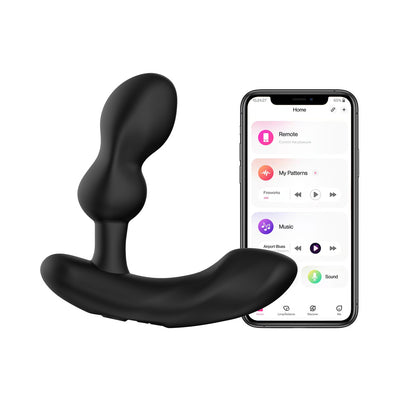 Black Lovense Edge 2 flexible prostate massager displayed next to smartphone showing app control interface