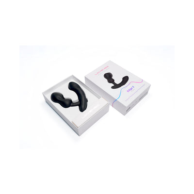 Lovense Edge 2 black flexible prostate massager displayed in open box next to its white retail packaging.