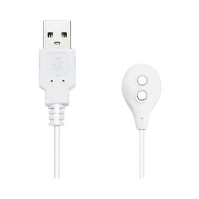 White Lovense magnetic USB charging cable with USB-A connector and dual magnetic charging heads.