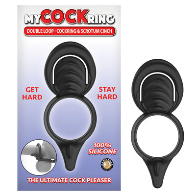 Black double loop silicone cockring and scrotum cinch designed for enhanced firmness and comfort.