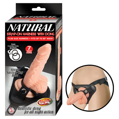 Packaging of natural strap-on harness with 7-inch realistic dong and adjustable black harness shown on model.