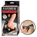 Packaging of natural strap-on harness with 7-inch realistic dong and adjustable black harness shown on model.