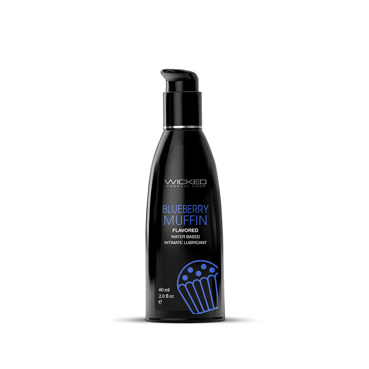 Black pump bottle of Wicked Aqua Blueberry Muffin flavored water-based intimate lubricant 2 oz with blue cupcake graphic.