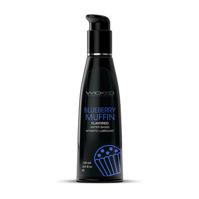 Black bottle of Wicked Blueberry Muffin flavored water-based intimate lubricant with pump dispenser and blue muffin graphic.